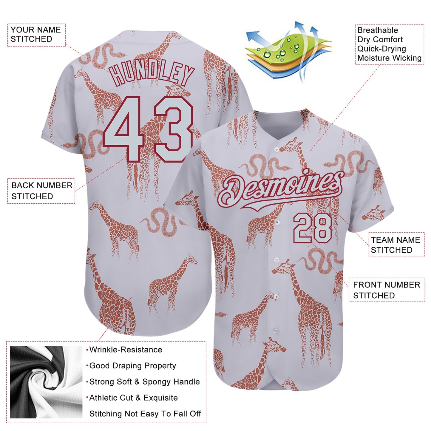 Custom Gray Silver-Cardinal 3D Pattern Design Giraffe And Snake Authentic Baseball Jersey view 3
