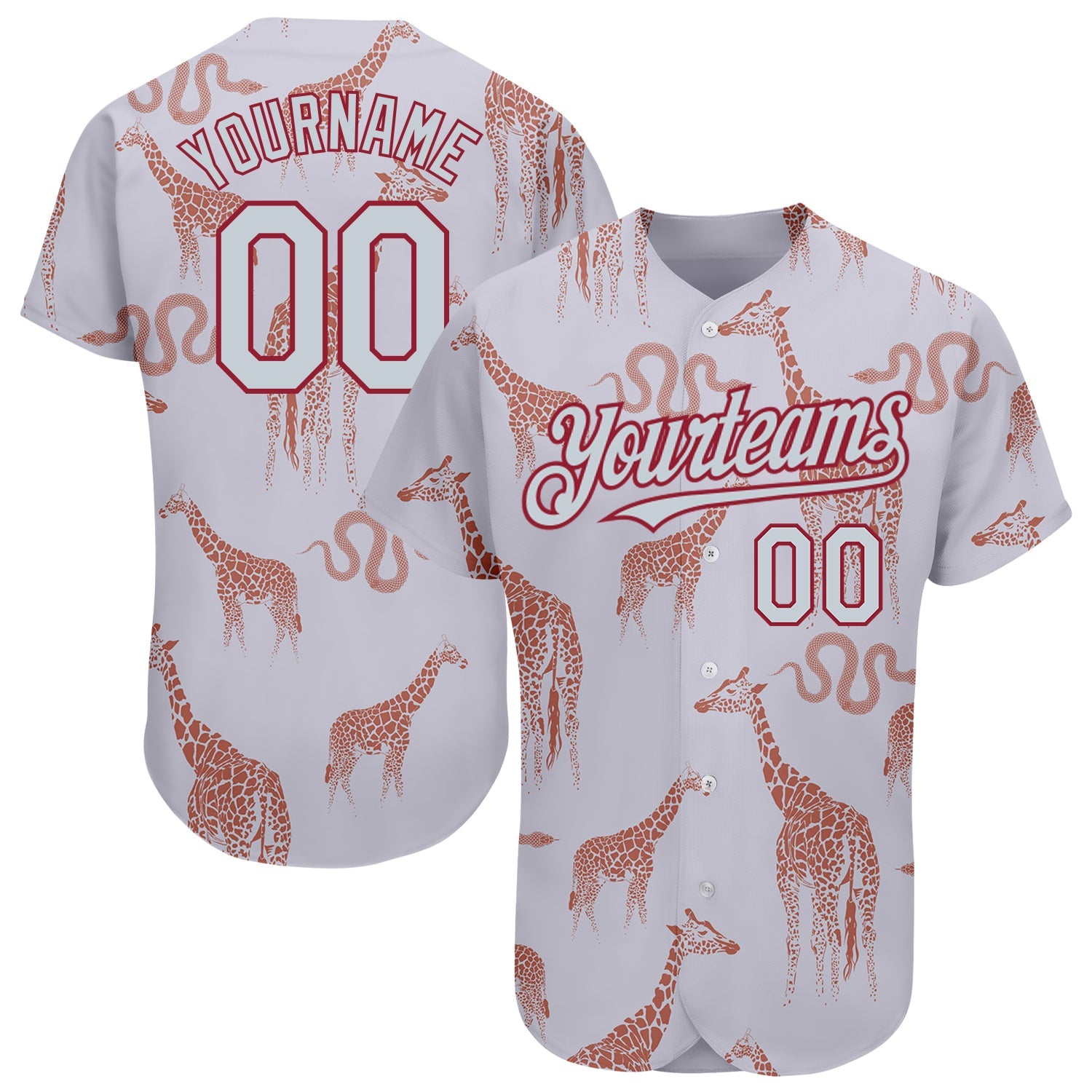 Custom Gray Silver-Cardinal 3D Pattern Design Giraffe And Snake Authentic Baseball Jersey - Main View