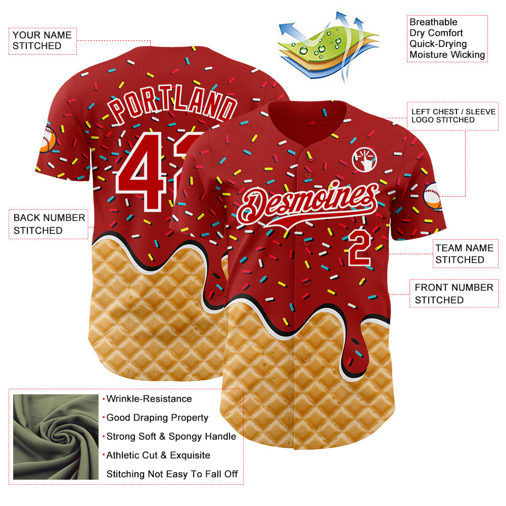 Custom Red-White Ice Cream Waffle Foodie Dessert Authentic Baseball Jersey view 3