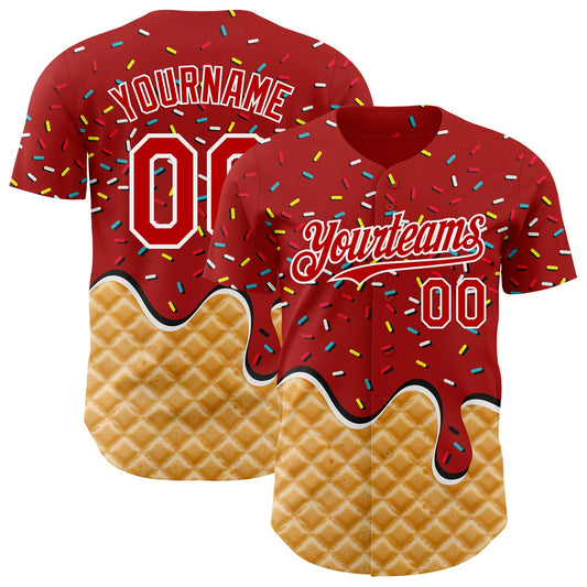 Custom Red-White Ice Cream Waffle Foodie Dessert Authentic Baseball Jersey - Main View