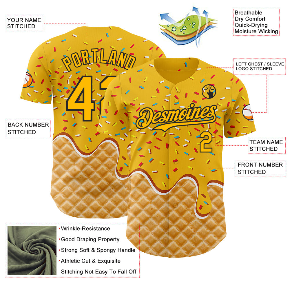 Custom Gold-Black Ice Cream Waffle Foodie Dessert Authentic Baseball Jersey view 3
