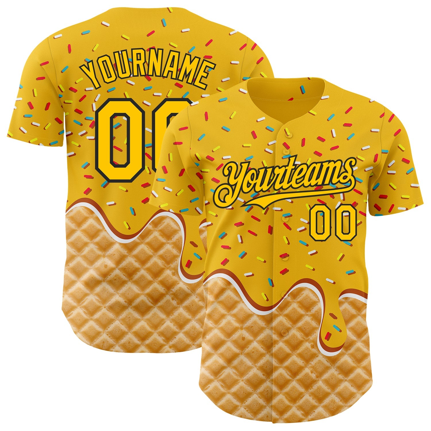 Custom Gold-Black Ice Cream Waffle Foodie Dessert Authentic Baseball Jersey - Main View