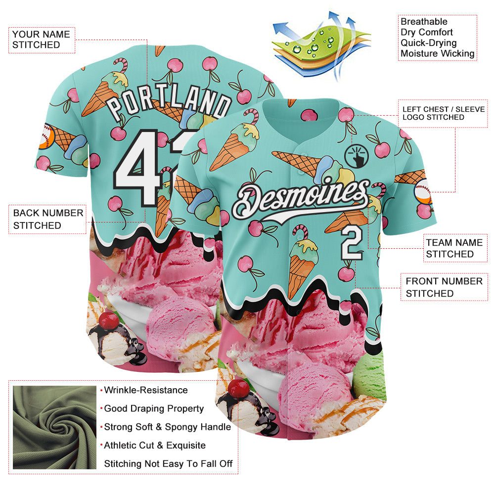 Custom Ice Blue White-Black Ice Cream Foodie Dessert Authentic Baseball Jersey view 3