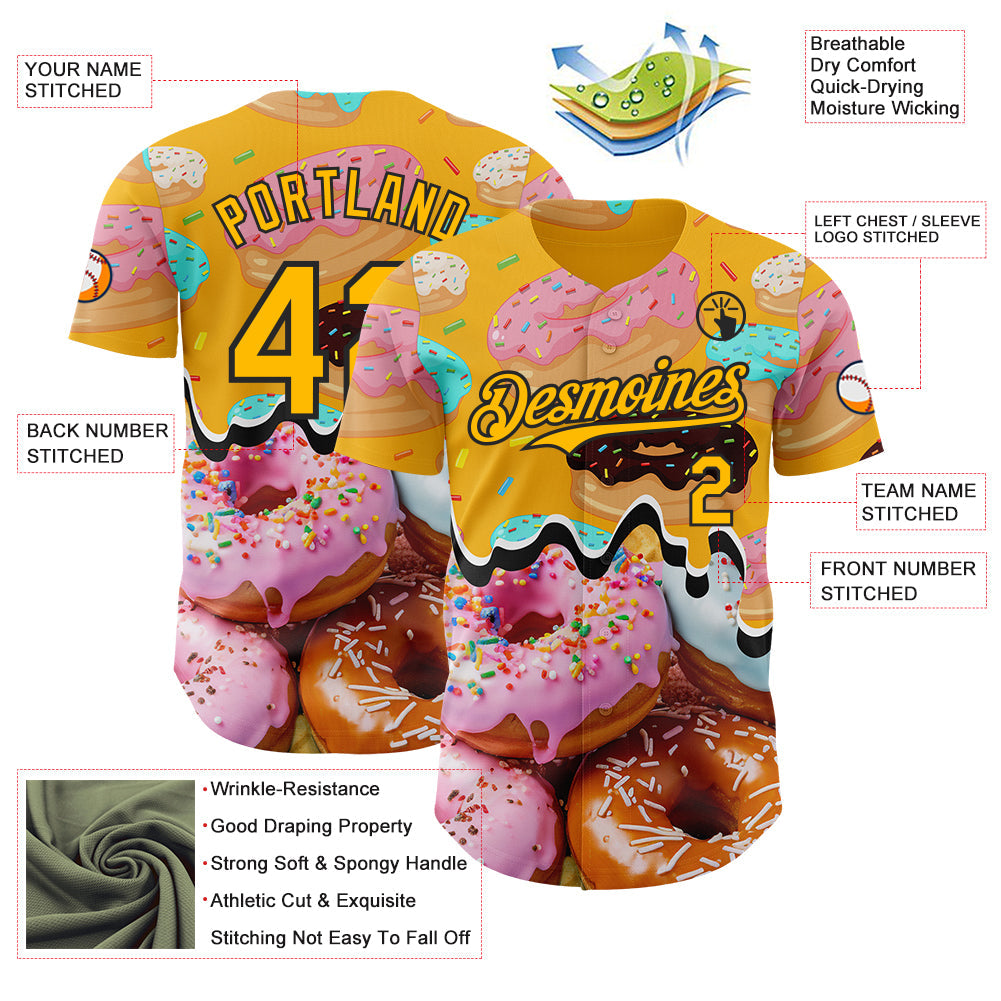 Custom Gold-Black Ice Cream Donut Foodie Dessert Authentic Baseball Jersey view 3