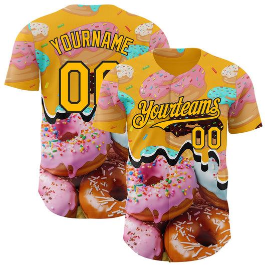 Custom Gold-Black Ice Cream Donut Foodie Dessert Authentic Baseball Jersey - Main View