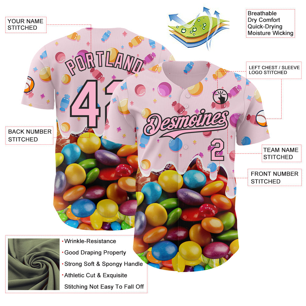 Custom Light Pink-Black Candy Ice Cream Sweet Sugar Authentic Baseball Jersey view 3
