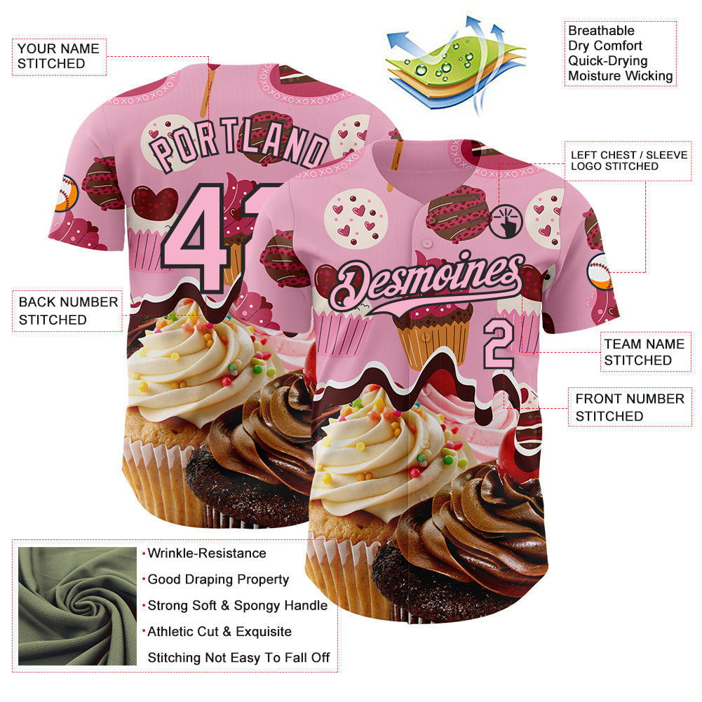 Custom Light Pink-Black Ice Cream Cake Foodie Dessert Authentic Baseball Jersey view 3