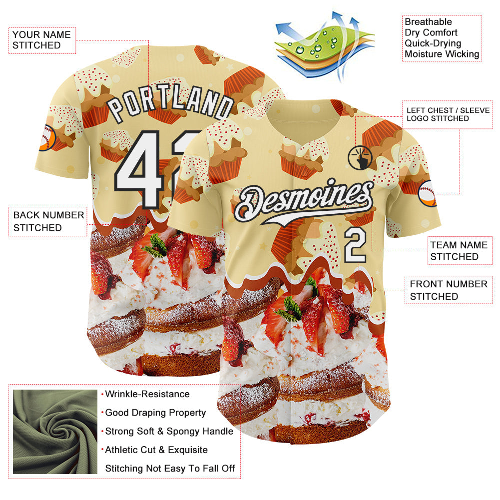 Custom Light Yellow White-Black Ice Cream Cake Foodie Dessert Authentic Baseball Jersey view 3