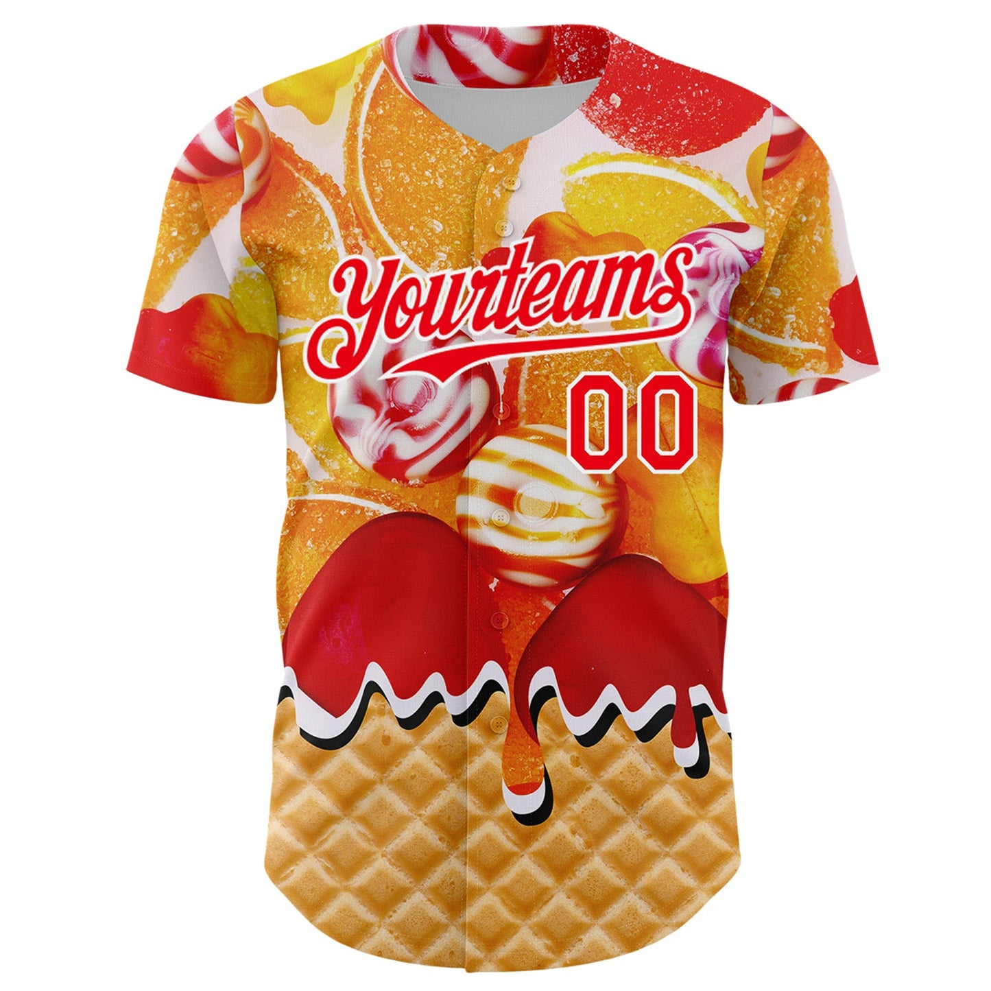 Custom Gold Fire Red-White Candy Ice Cream Waffle Sweet Sugar Authentic Baseball Jersey view 2