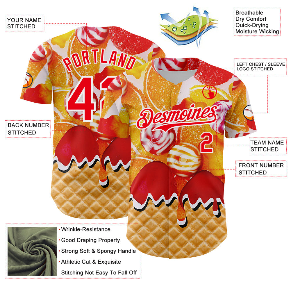 Custom Gold Fire Red-White Candy Ice Cream Waffle Sweet Sugar Authentic Baseball Jersey view 3