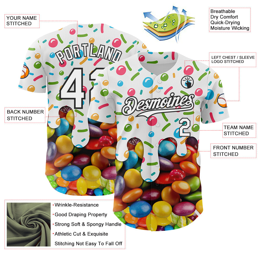 Custom White-Black Candy Ice Cream Sweet Sugar Authentic Baseball Jersey view 3
