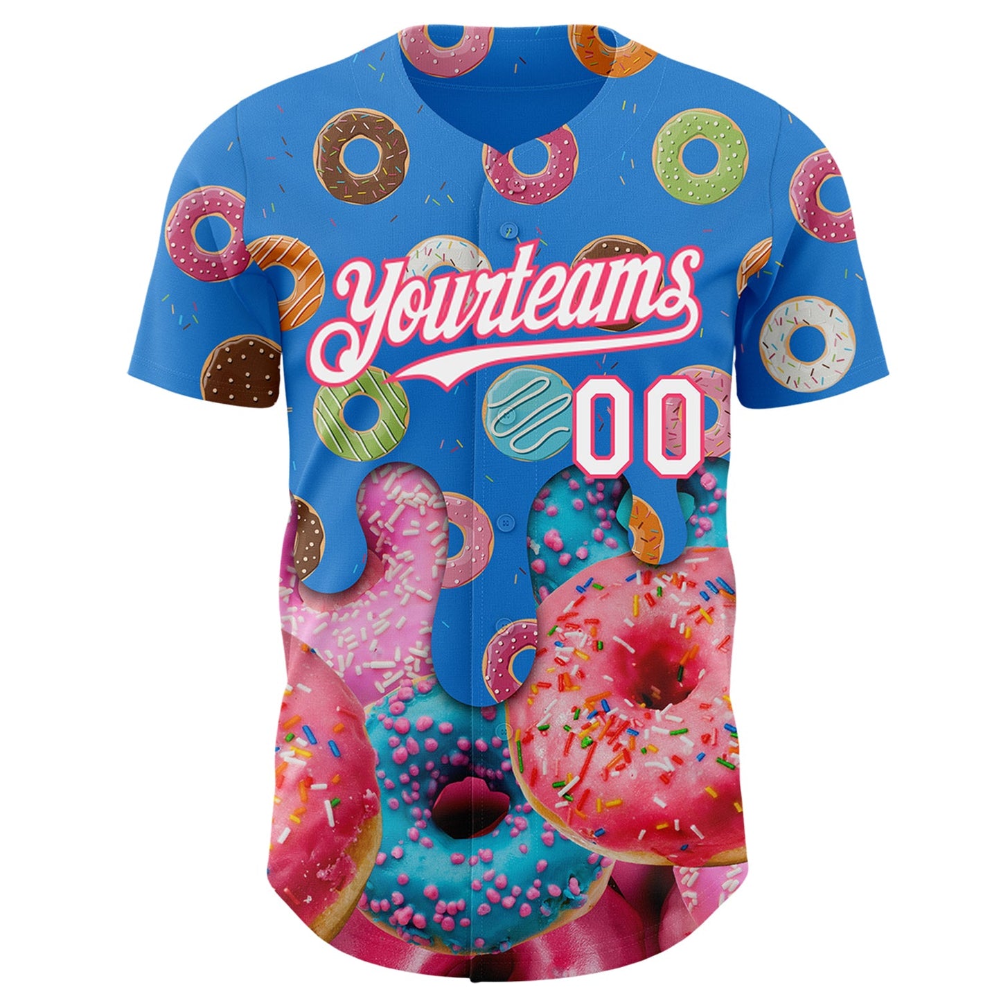 Custom Electric Blue White-Neon Pink Ice Cream Donut Foodie Dessert Authentic Baseball Jersey view 2
