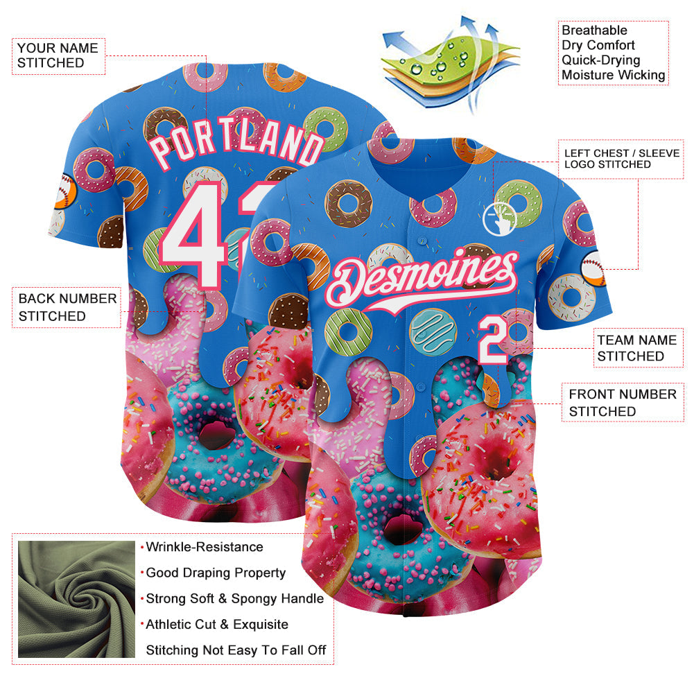 Custom Electric Blue White-Neon Pink Ice Cream Donut Foodie Dessert Authentic Baseball Jersey view 3