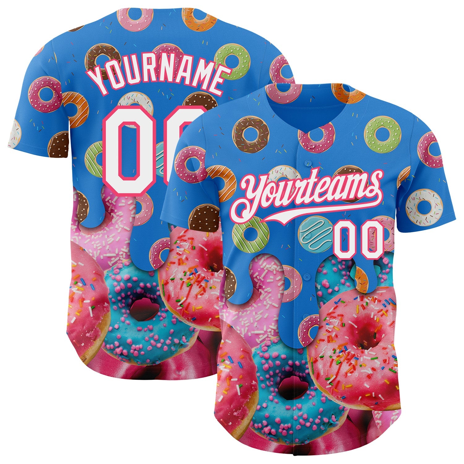Custom Electric Blue White-Neon Pink Ice Cream Donut Foodie Dessert Authentic Baseball Jersey - Main View