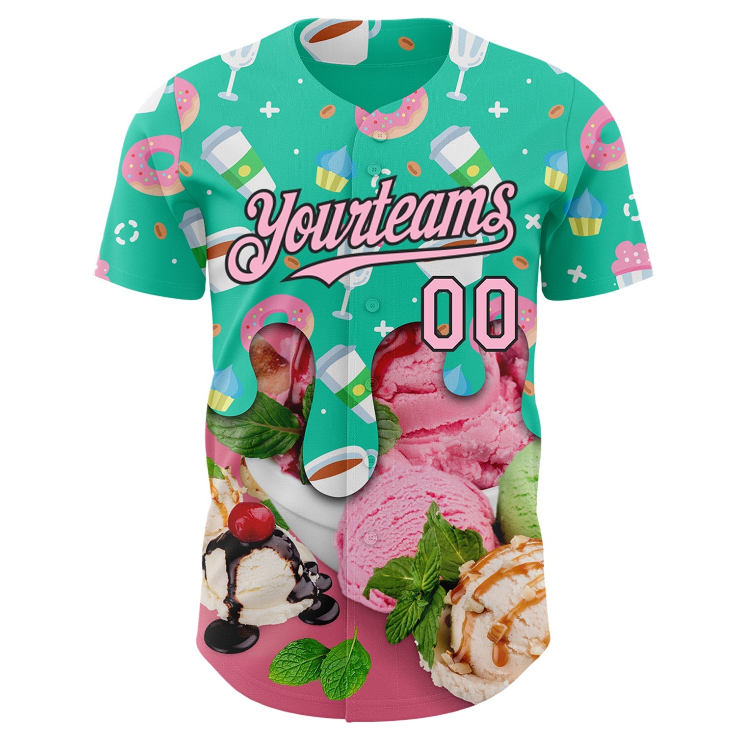 Custom Aqua Light Pink-Black Ice Cream Cake Donut Foodie Dessert Authentic Baseball Jersey view 2