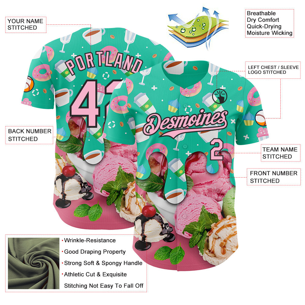 Custom Aqua Light Pink-Black Ice Cream Cake Donut Foodie Dessert Authentic Baseball Jersey view 3