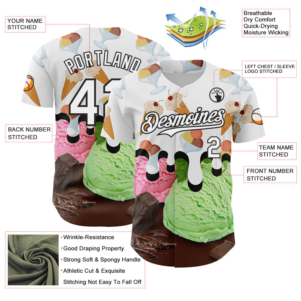 Custom White-Black Ice Cream Foodie Dessert Authentic Baseball Jersey view 3