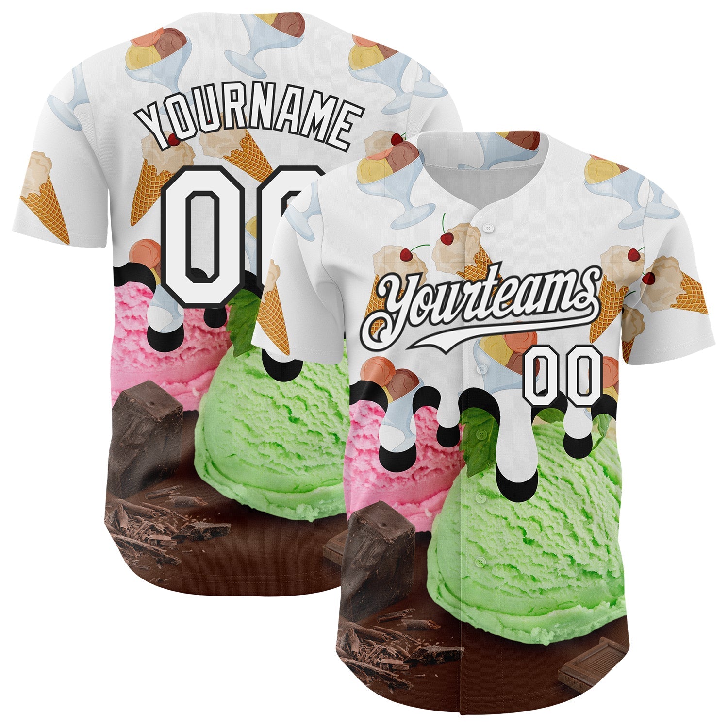 Custom White-Black Ice Cream Foodie Dessert Authentic Baseball Jersey - Main View