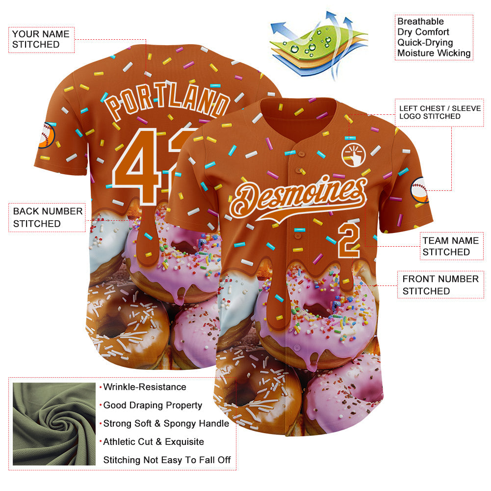 Custom Texas Orange-White Ice Cream Donut  Foodie Dessert Authentic Baseball Jersey view 3