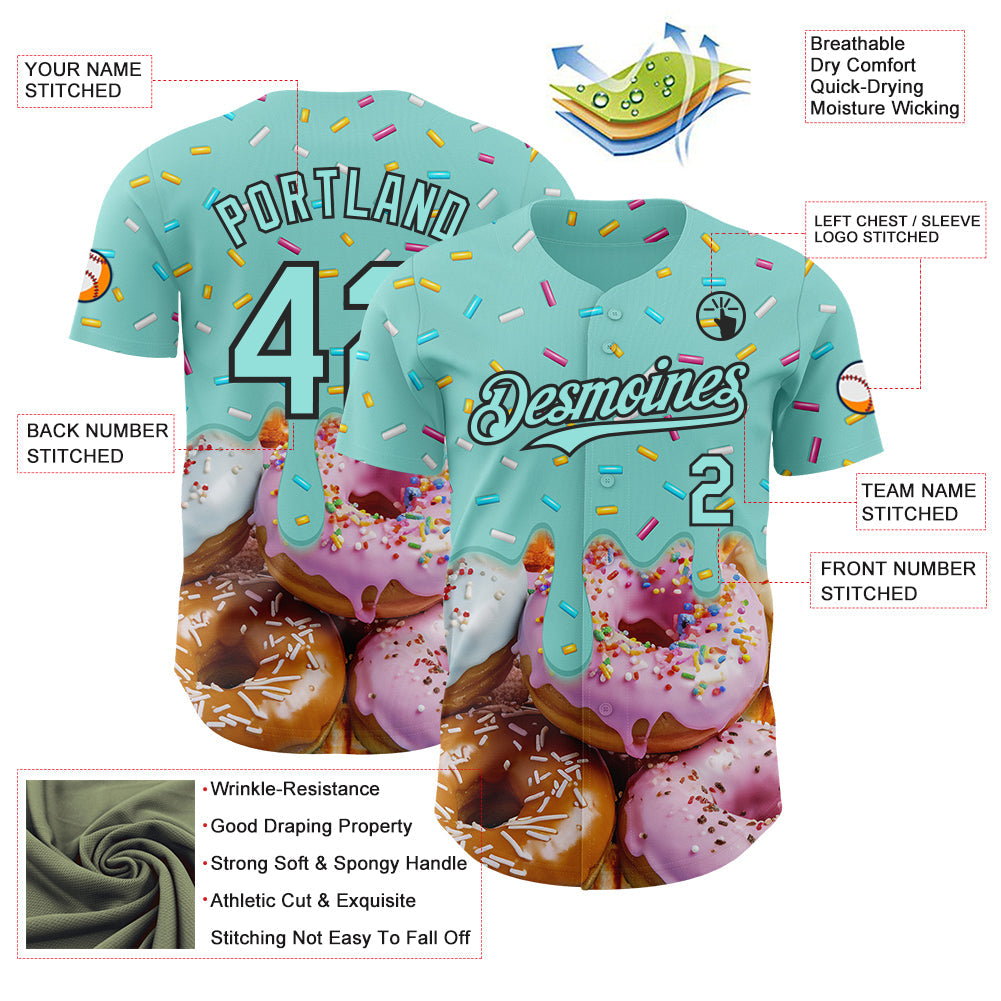 Custom Ice Blue-Black Ice Cream Donut  Foodie Dessert Authentic Baseball Jersey view 3