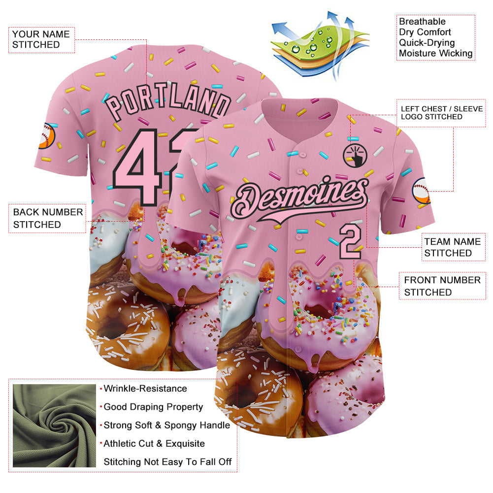 Custom Light Pink-Black Ice Cream Donut  Foodie Dessert Authentic Baseball Jersey view 3