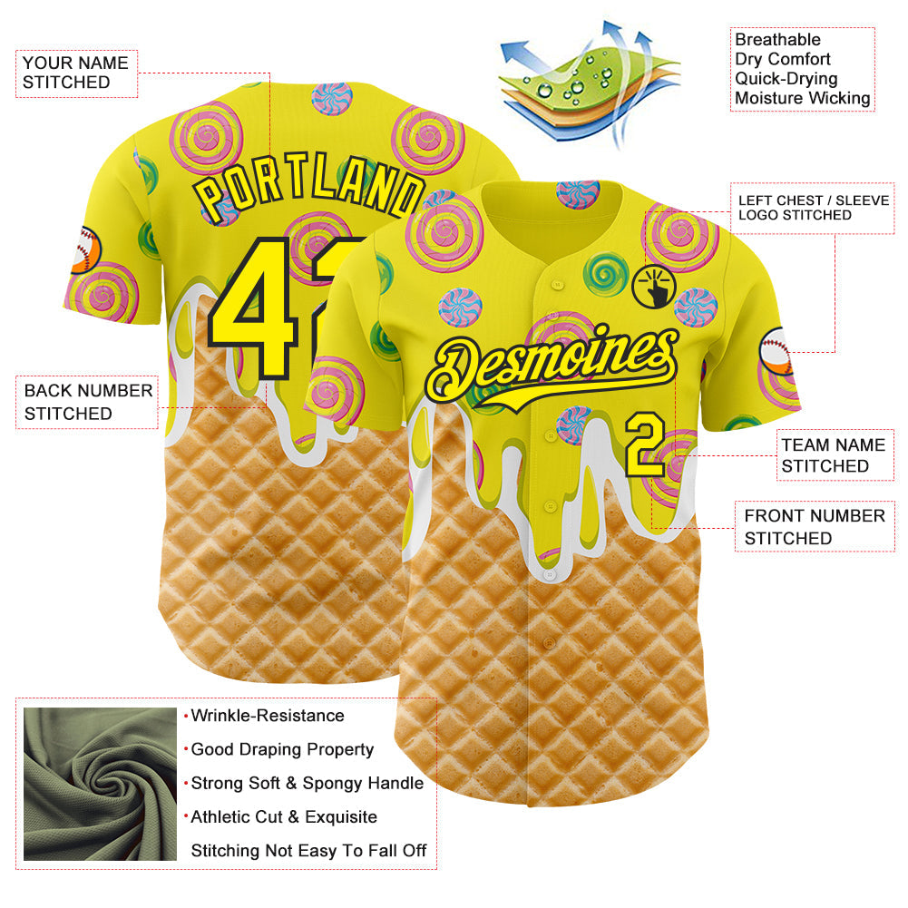 Custom Light Yellow-Black Ice Cream Waffle Donut  Foodie Dessert Authentic Baseball Jersey view 3