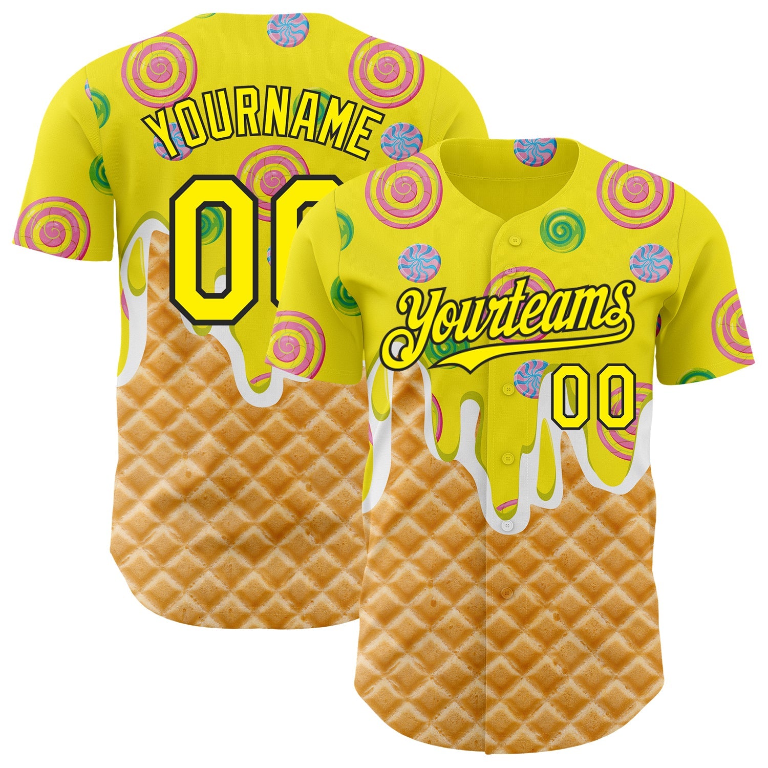 Custom Light Yellow-Black Ice Cream Waffle Donut  Foodie Dessert Authentic Baseball Jersey - Main View