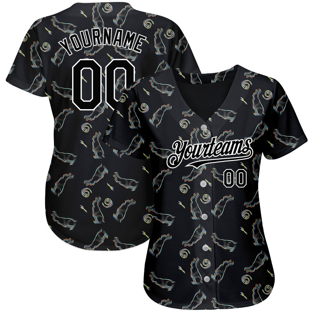Custom Black White 3D Pattern Design Rabbit Authentic Baseball Jersey view 2