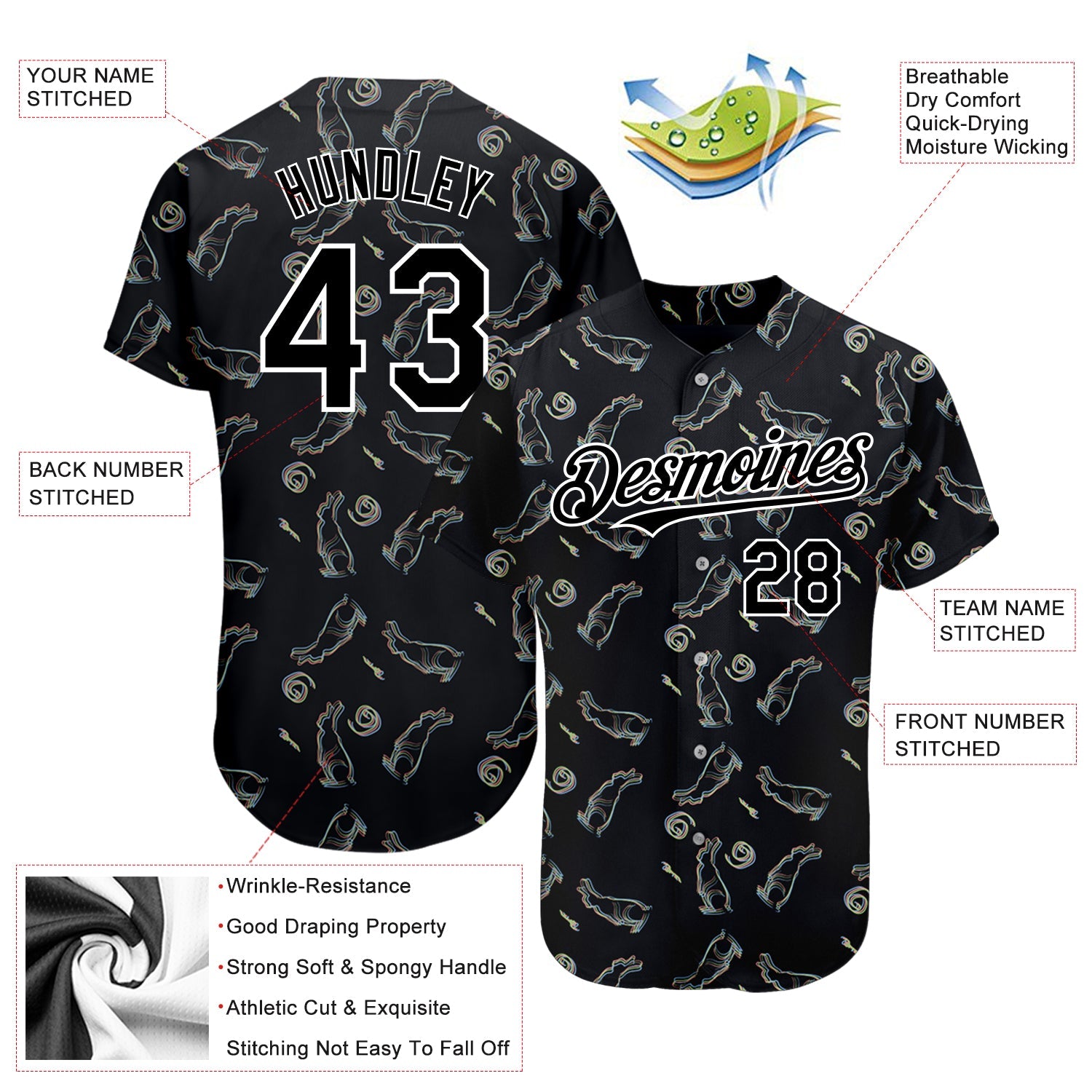 Custom Black White 3D Pattern Design Rabbit Authentic Baseball Jersey view 3