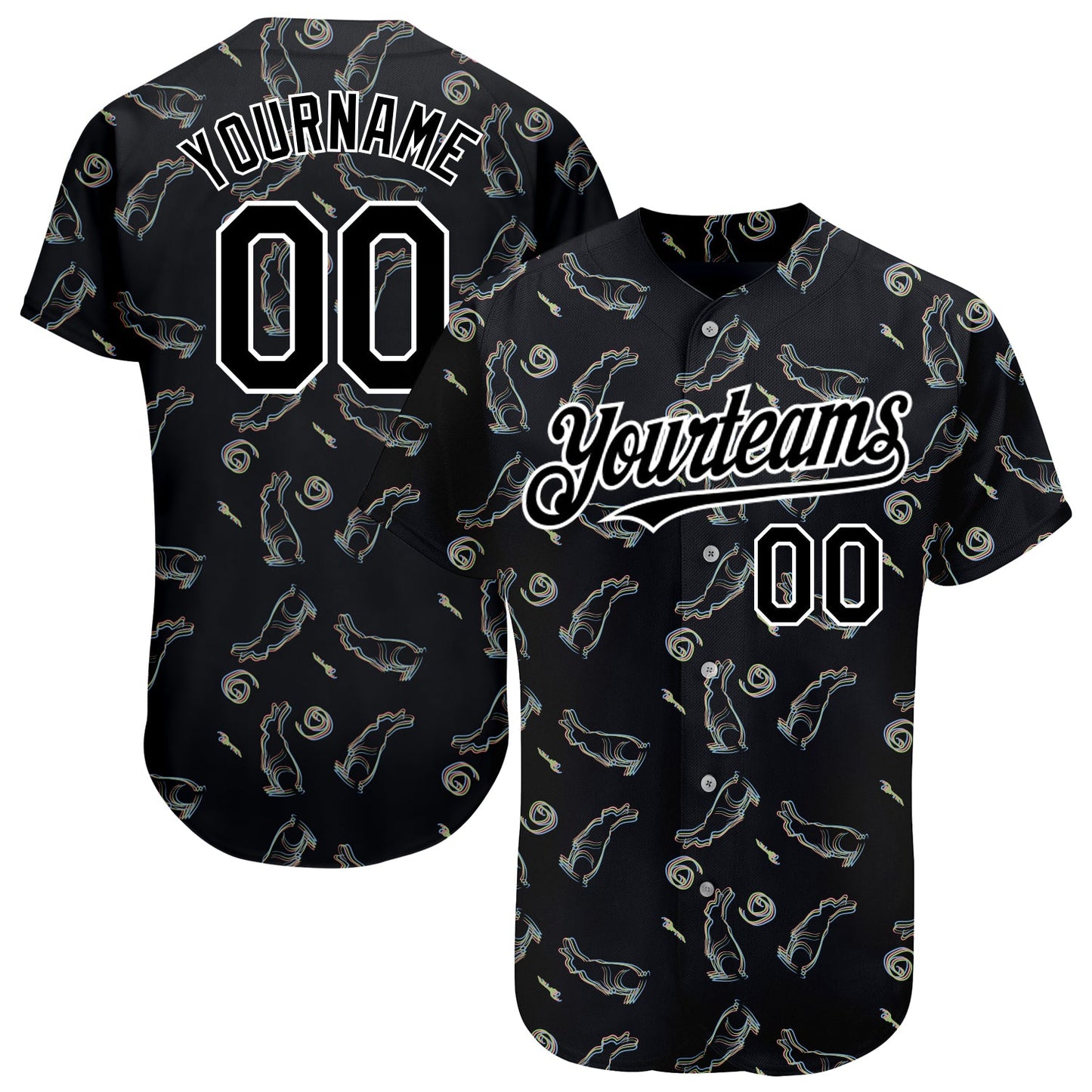 Custom Black White 3D Pattern Design Rabbit Authentic Baseball Jersey - Main View