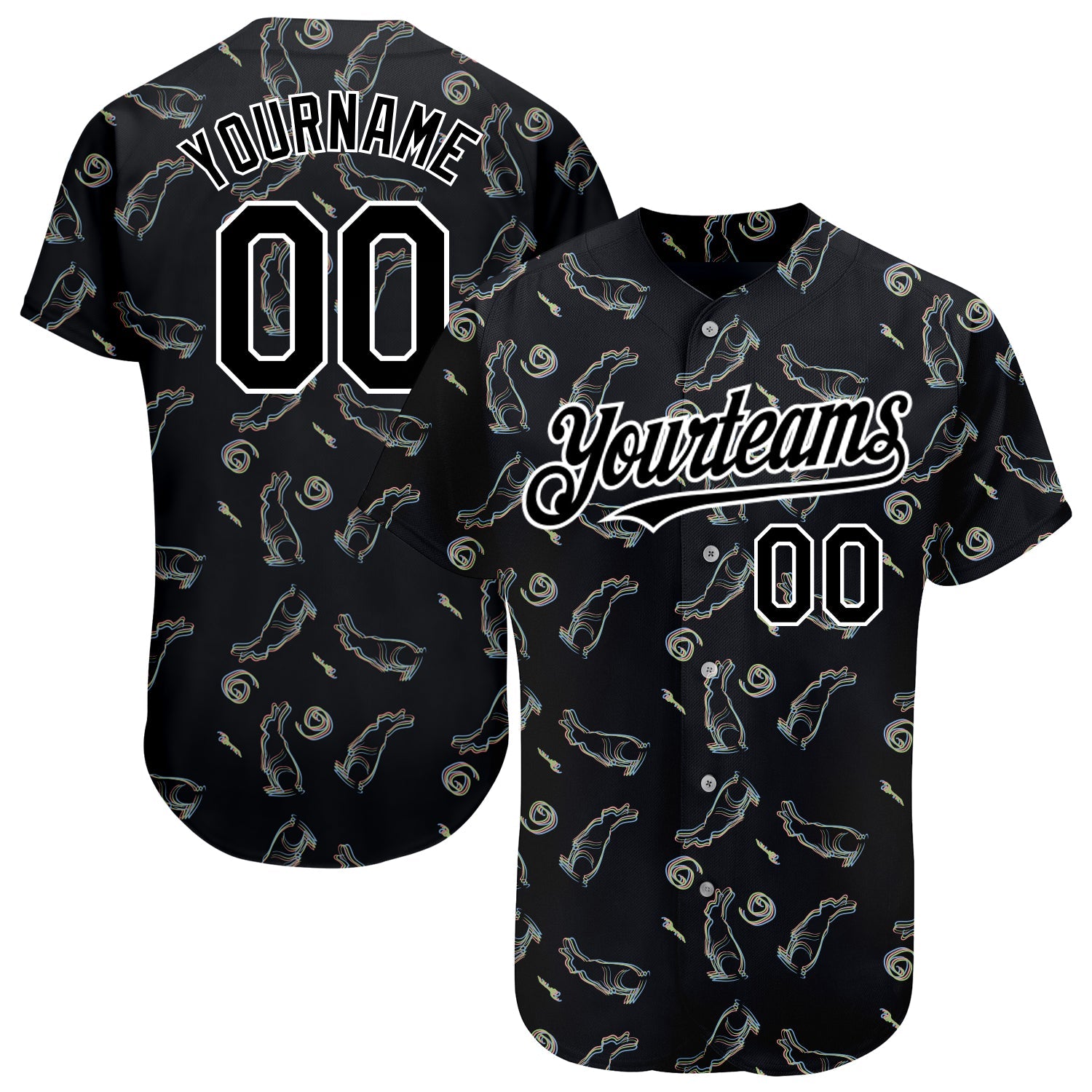 Custom Black White 3D Pattern Design Rabbit Authentic Baseball Jersey - Main View