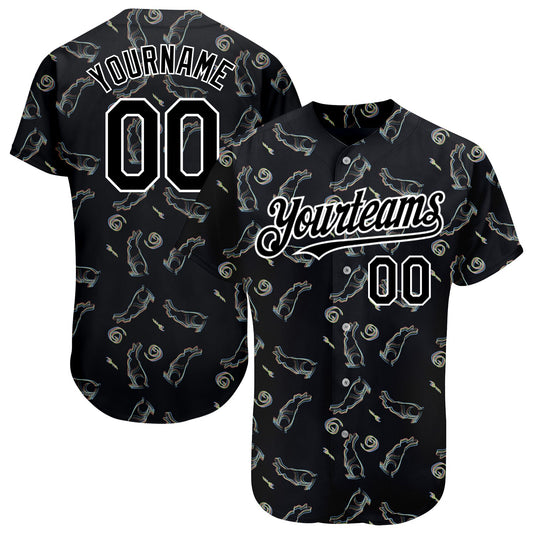 Custom Black White 3D Pattern Design Rabbit Authentic Baseball Jersey - Main View