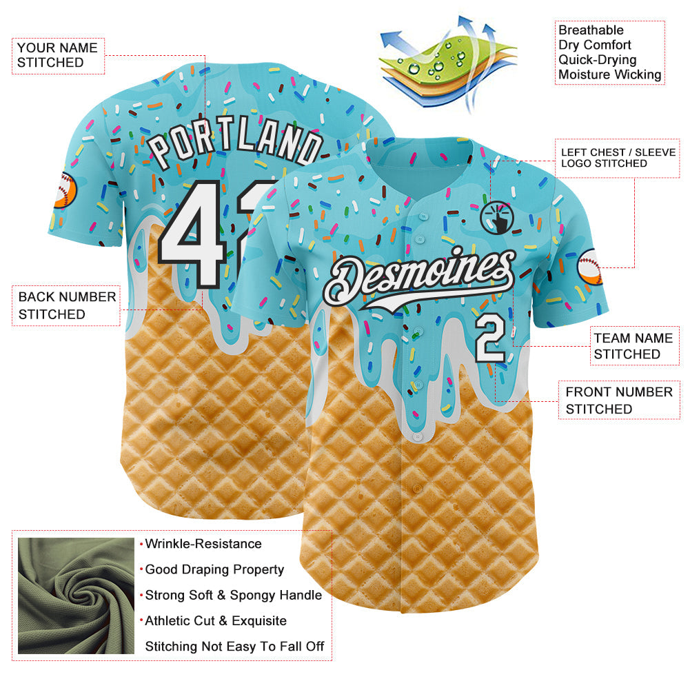 Custom Sky Blue White-Black Ice Cream Waffle Foodie Dessert Authentic Baseball Jersey view 3
