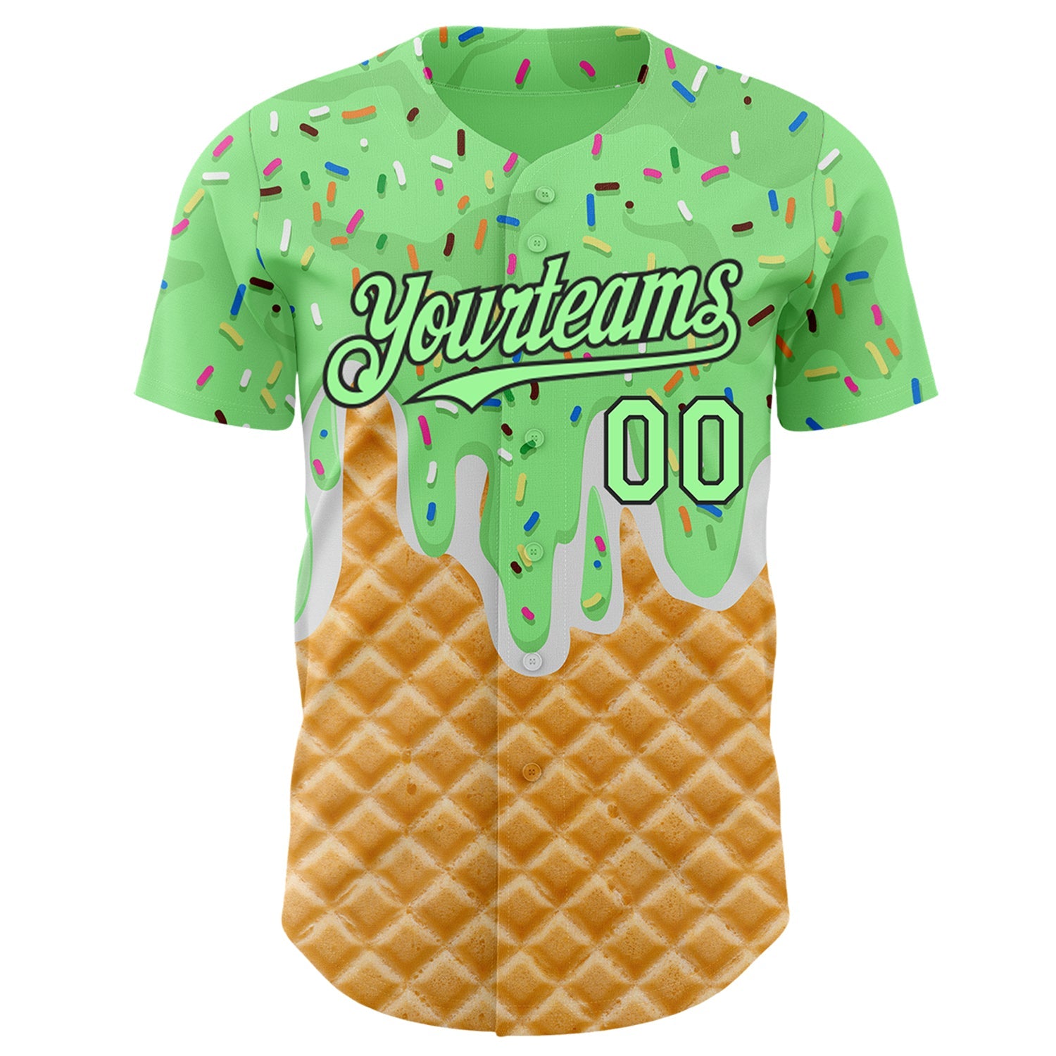 Custom Pea Green-Black Ice Cream Waffle Foodie Dessert Authentic Baseball Jersey view 2