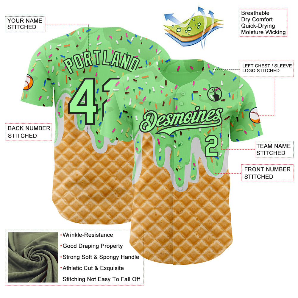Custom Pea Green-Black Ice Cream Waffle Foodie Dessert Authentic Baseball Jersey view 3