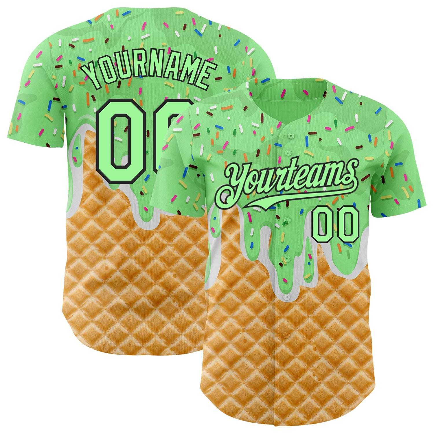 Custom Pea Green-Black Ice Cream Waffle Foodie Dessert Authentic Baseball Jersey - Main View
