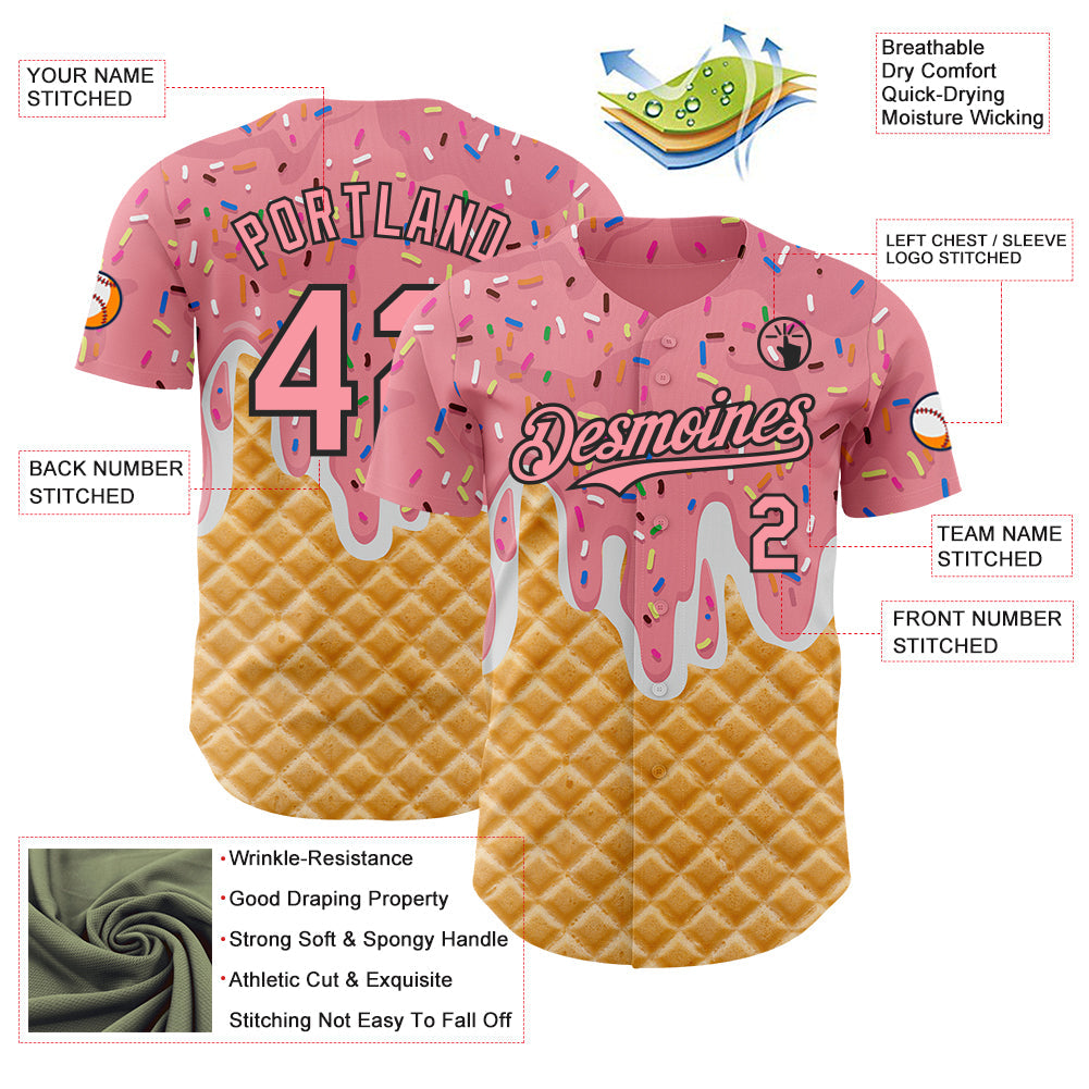 Custom Medium Pink-Black Ice Cream Waffle Foodie Dessert Authentic Baseball Jersey view 3