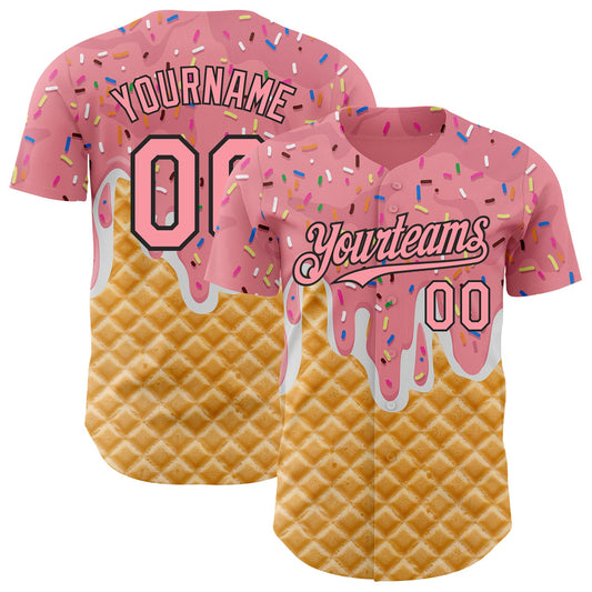 Custom Medium Pink-Black Ice Cream Waffle Foodie Dessert Authentic Baseball Jersey - Main View