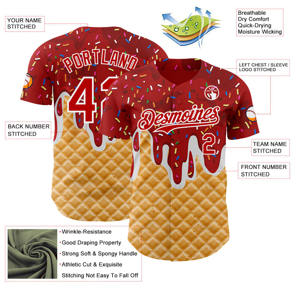 Custom Red-White Ice Cream Waffle Foodie Dessert Authentic Baseball Jersey view 3