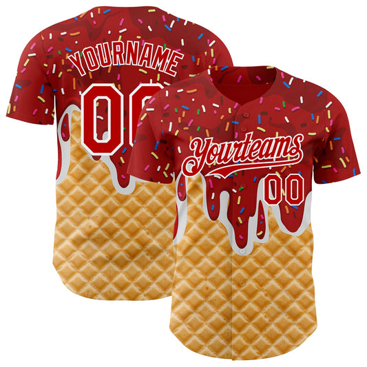 Custom Red-White Ice Cream Waffle Foodie Dessert Authentic Baseball Jersey - Main View