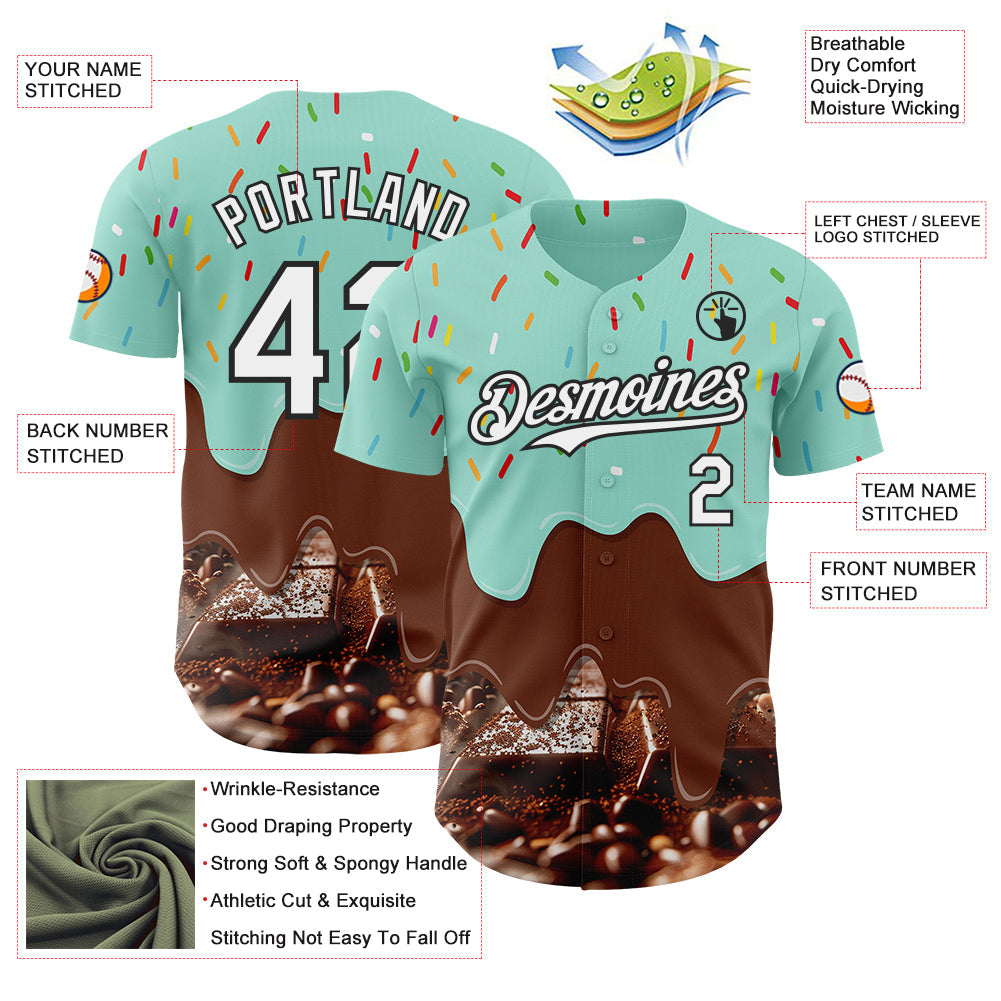 Custom Ice Blue White-Black Ice Cream Chocolate Foodie Dessert Authentic Baseball Jersey view 3