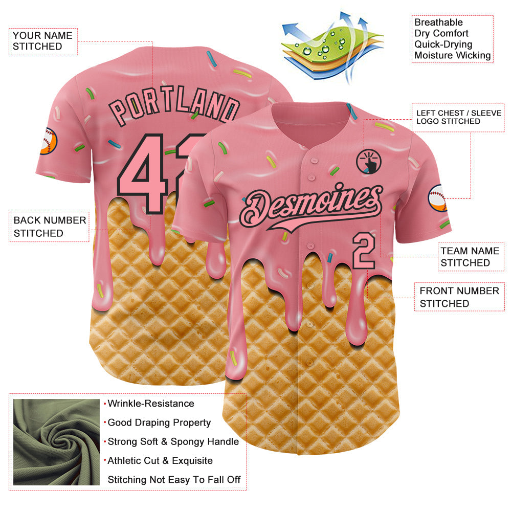 Custom Medium Pink-Black Ice Cream Waffle Foodie Dessert Authentic Baseball Jersey view 3