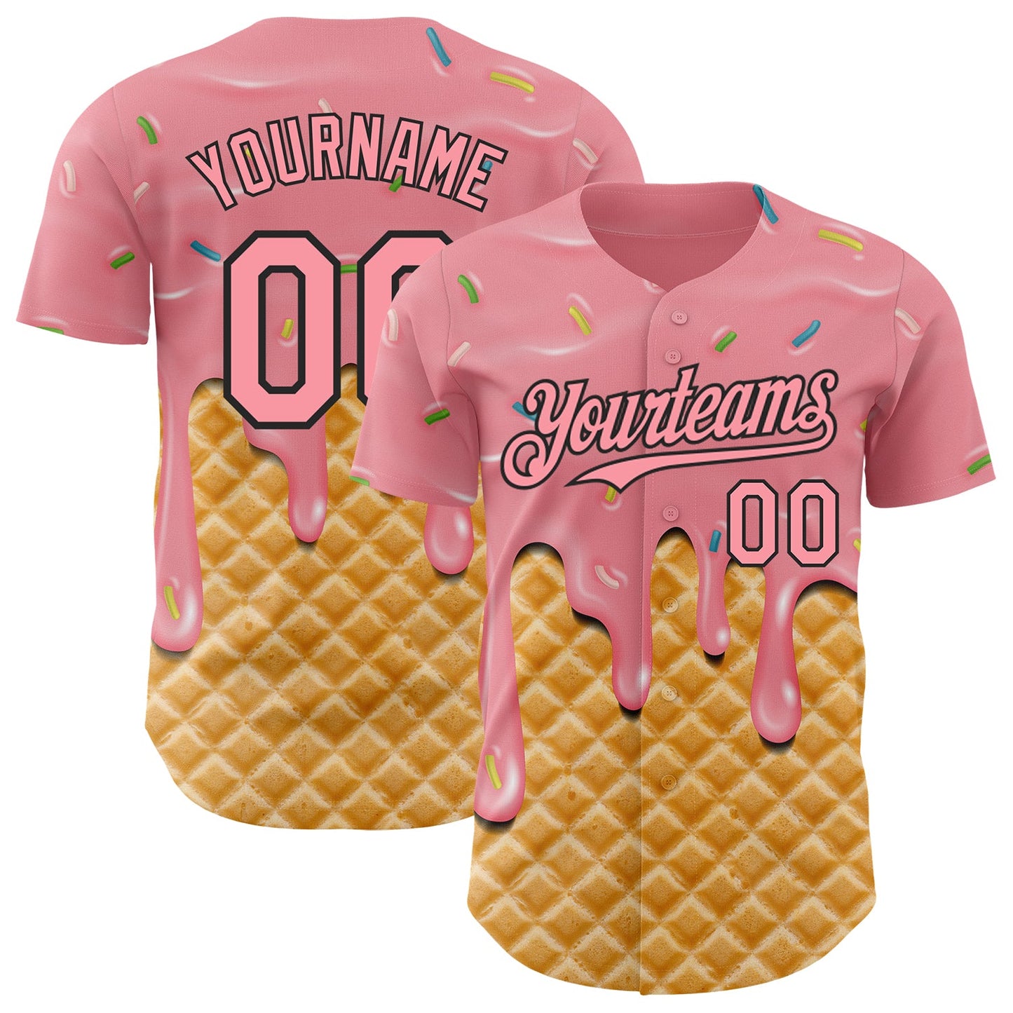 Custom Medium Pink-Black Ice Cream Waffle Foodie Dessert Authentic Baseball Jersey - Main View