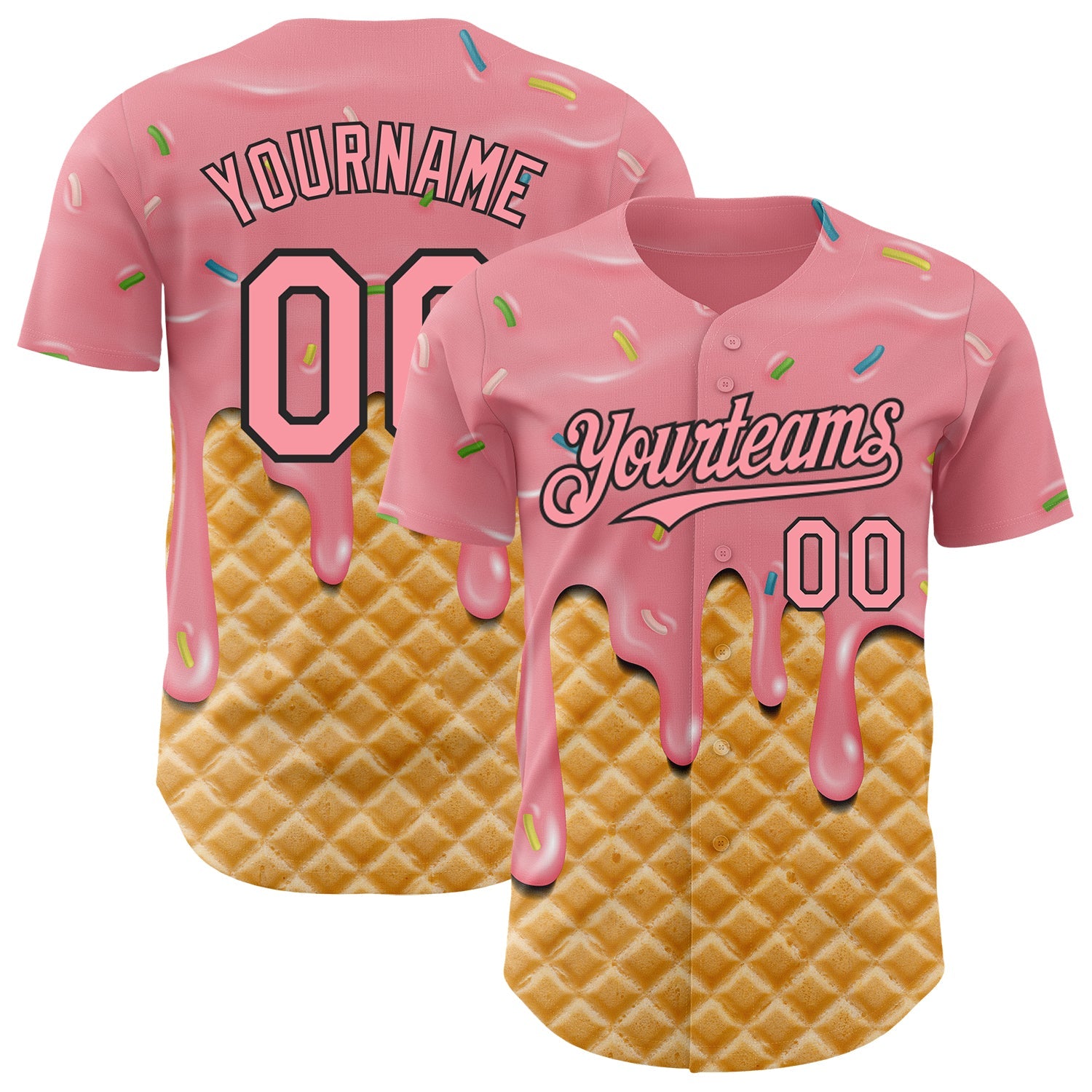 Custom Medium Pink-Black Ice Cream Waffle Foodie Dessert Authentic Baseball Jersey - Main View
