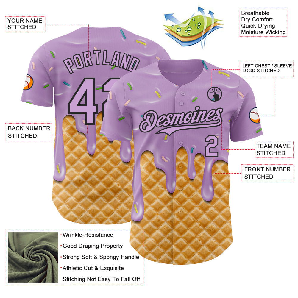 Custom Light Purple-Black Ice Cream Waffle Foodie Dessert Authentic Baseball Jersey view 3
