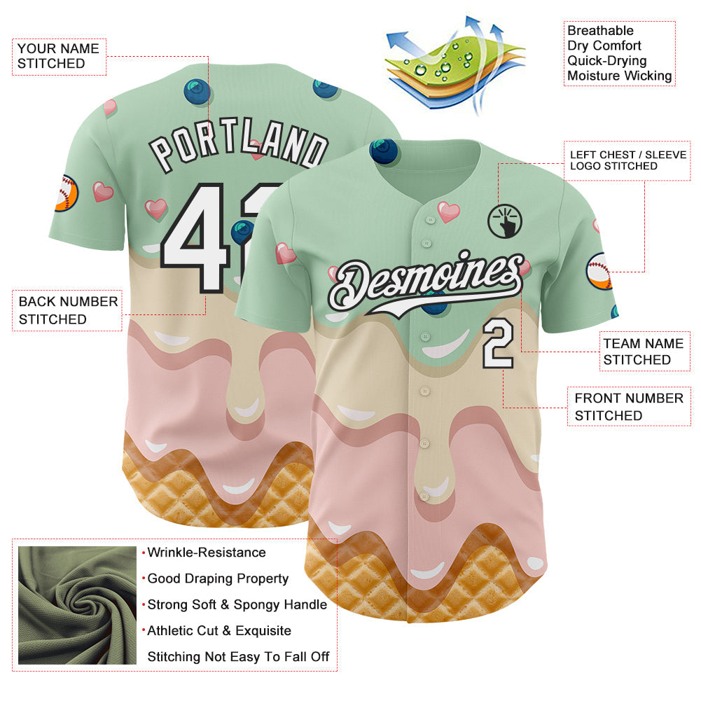 Custom Pea Green White-Black Ice Cream Waffle Foodie Dessert Authentic Baseball Jersey view 3