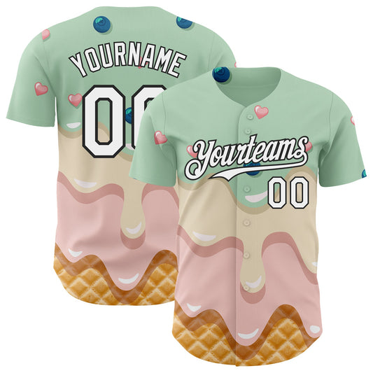 Custom Pea Green White-Black Ice Cream Waffle Foodie Dessert Authentic Baseball Jersey - Main View