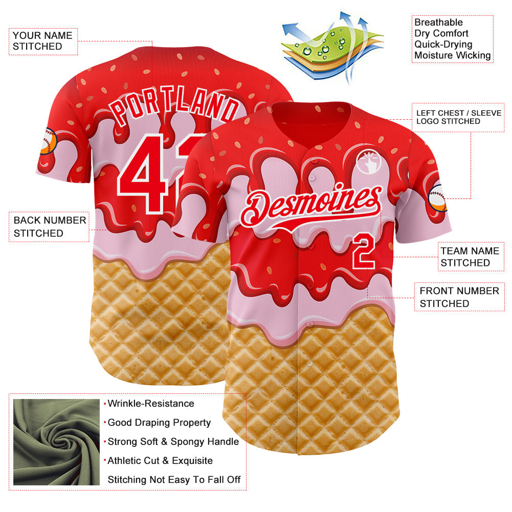 Custom Fire Red-White Ice Cream Waffle Foodie Dessert Authentic Baseball Jersey view 3