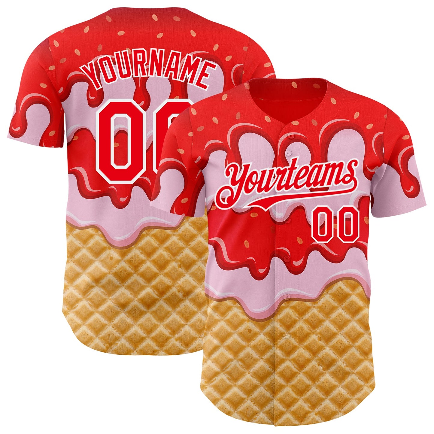 Custom Fire Red-White Ice Cream Waffle Foodie Dessert Authentic Baseball Jersey - Main View