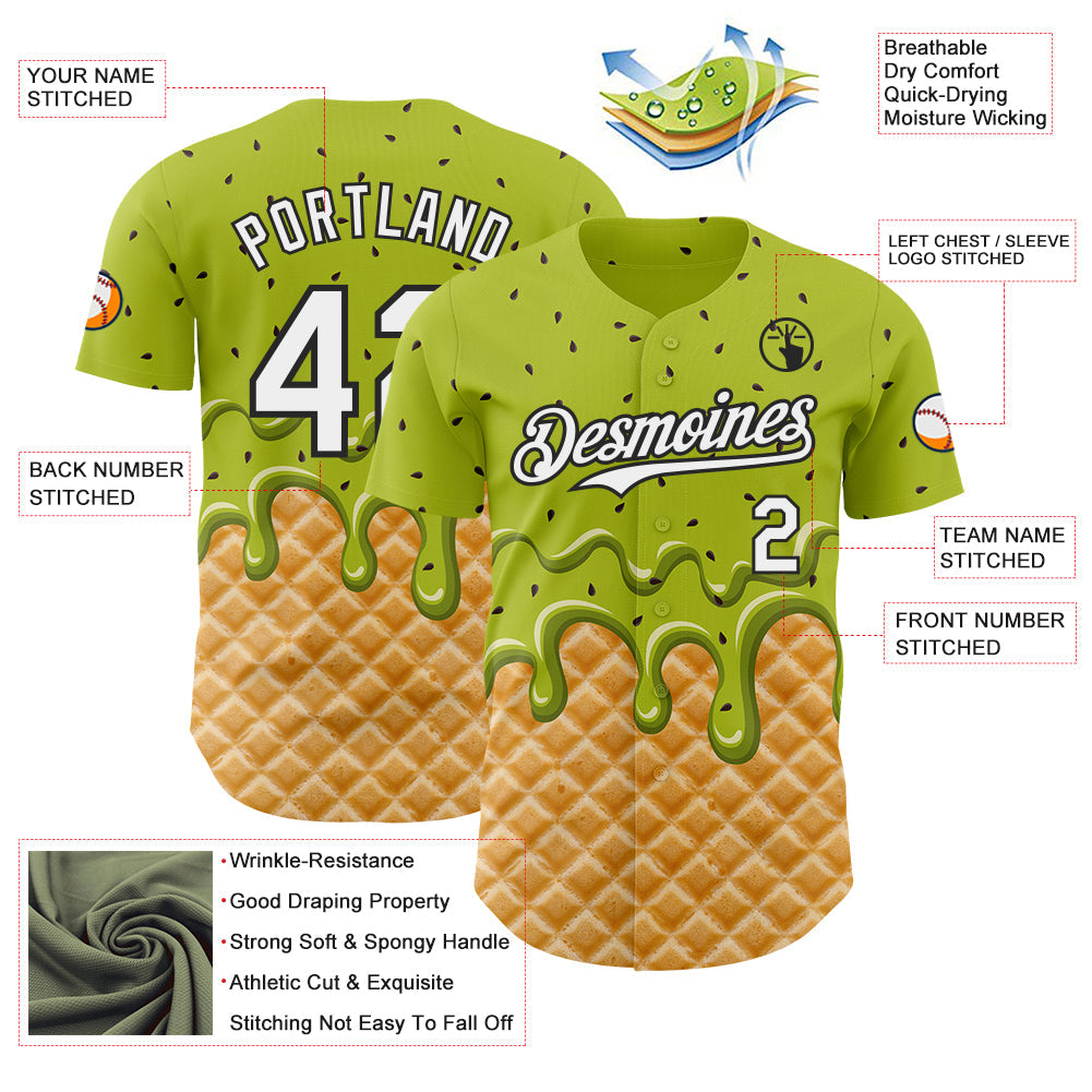 Custom Neon Green White-Black Ice Cream Waffle Foodie Dessert Authentic Baseball Jersey view 3